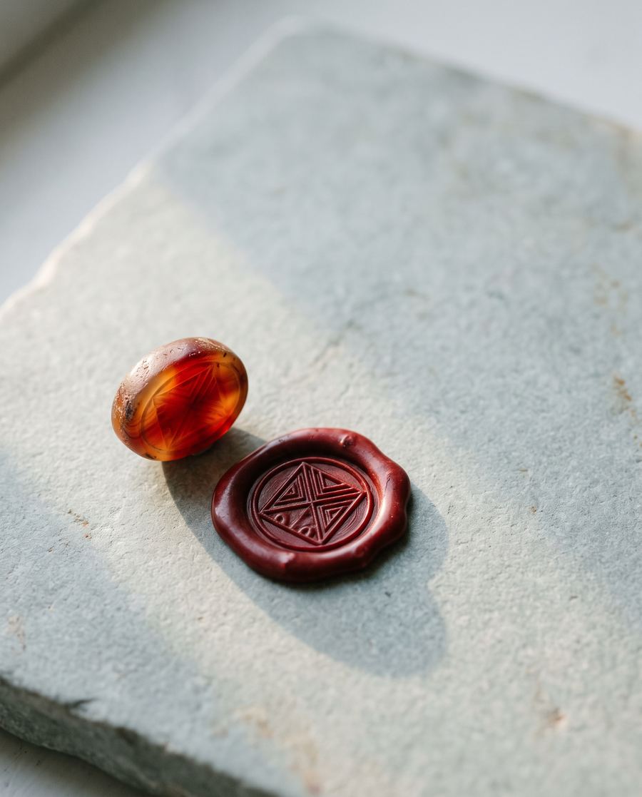 A carnelian signet stone beside the impression it has pressed into red sealing wax